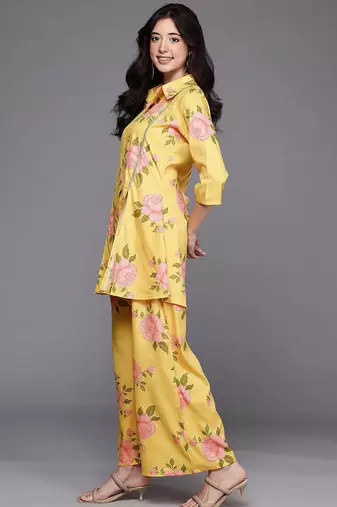 Yellow printed polyester co ord set