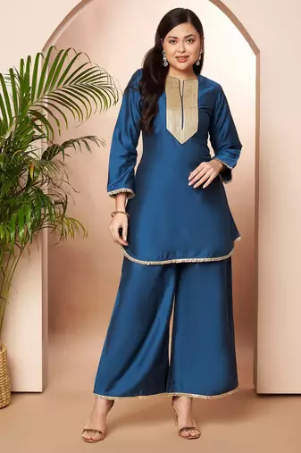 Blue solid silk blend co ord set