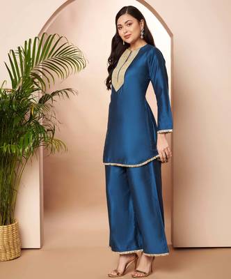 Blue solid silk blend co ord set 3