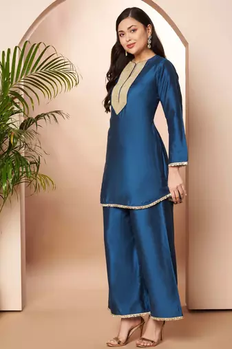 Blue solid silk blend co ord set