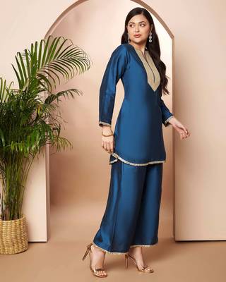 Blue solid silk blend co ord set 4