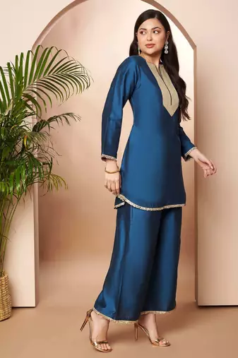 Blue solid silk blend co ord set