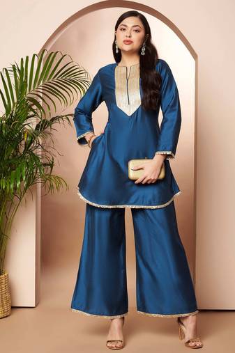 Blue solid silk blend co ord set