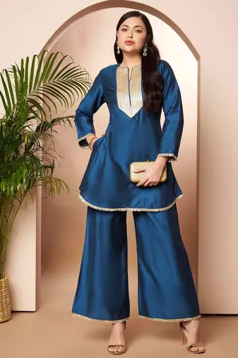 Blue solid silk blend co ord set