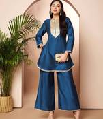 Blue solid silk blend co ord set