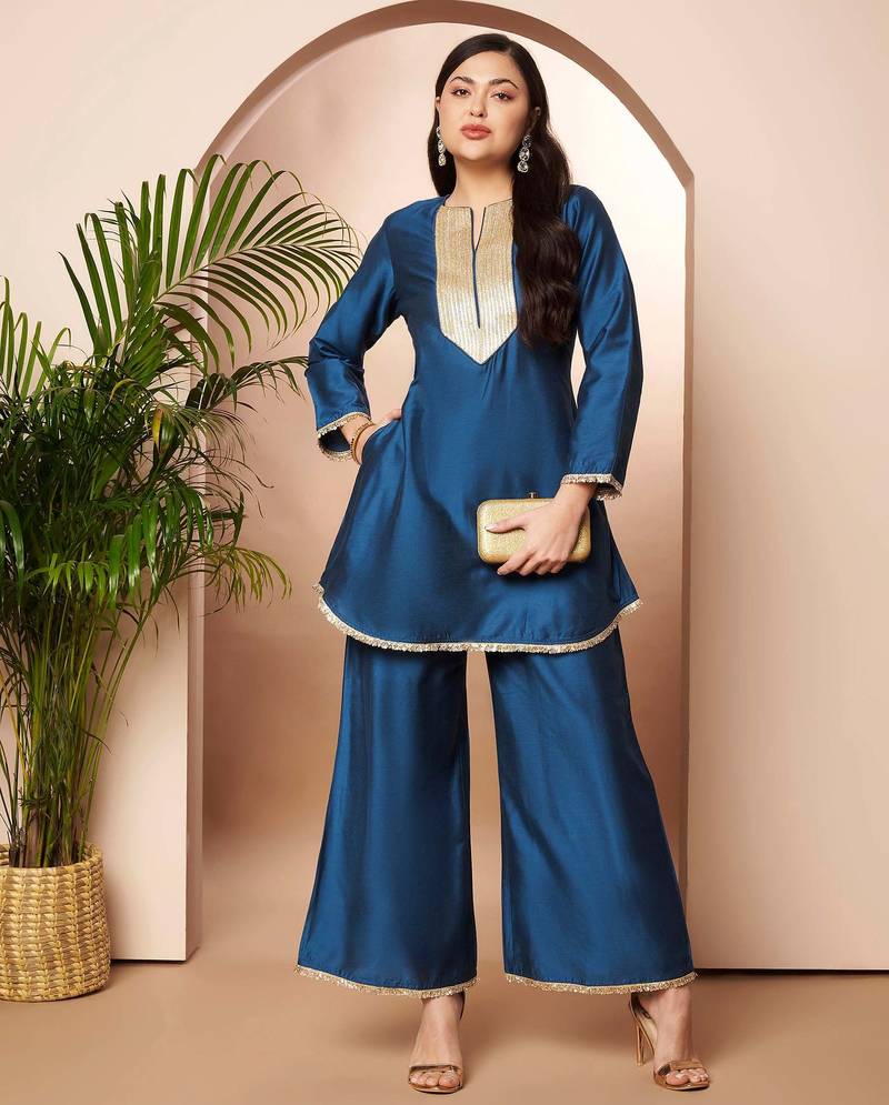 Blue solid silk blend co ord set