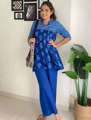 Indigo blue printed pure cotton co ord set 1