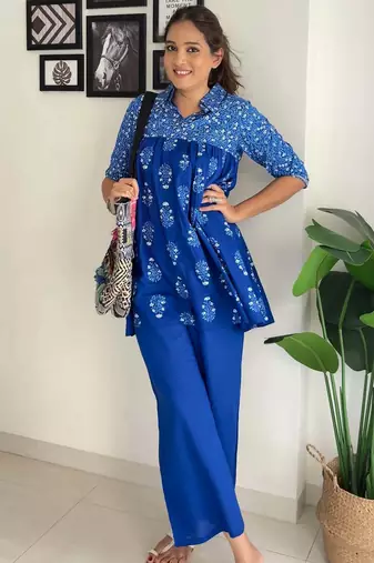 Indigo blue printed pure cotton co ord set