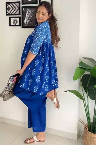 Indigo blue printed pure cotton co ord set