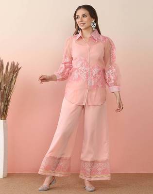 Pastel pink printed polyester co ord set 1