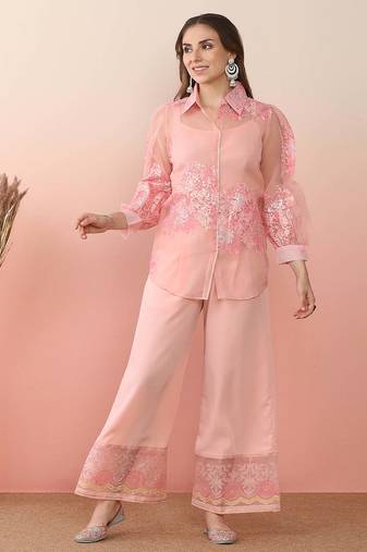 Pastel pink printed polyester co ord set