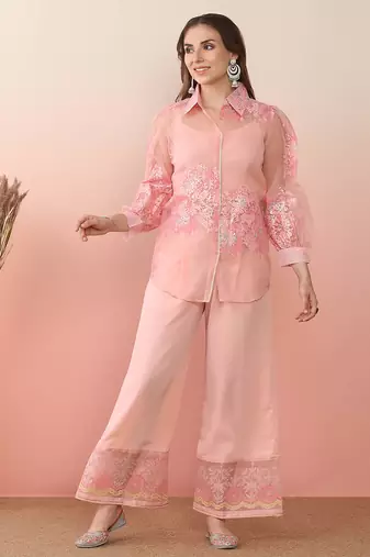 Pastel pink printed polyester co ord set