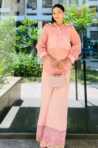 Pastel pink printed polyester co ord set