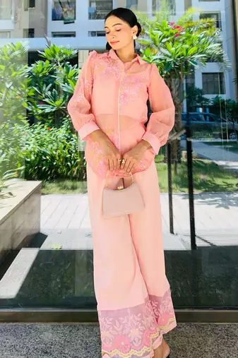 Pastel pink printed polyester co ord set