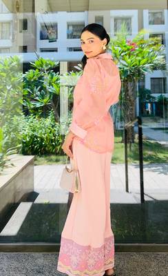 Pastel pink printed polyester co ord set 4