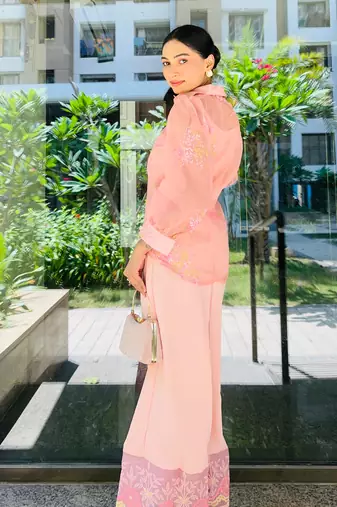 Pastel pink printed polyester co ord set
