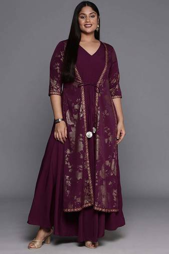 Burgundy printed crepe ethnic dresses