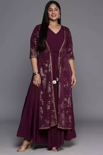 Burgundy printed crepe ethnic dresses