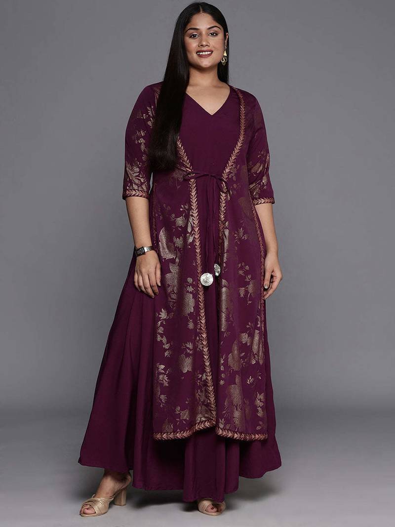 Burgundy printed crepe ethnic dresses