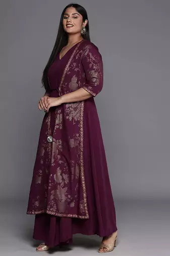 Burgundy printed crepe ethnic dresses