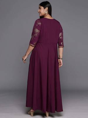 Burgundy printed crepe ethnic dresses 3