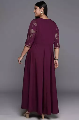 Burgundy printed crepe ethnic dresses