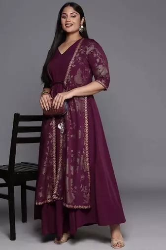 Burgundy printed crepe ethnic dresses