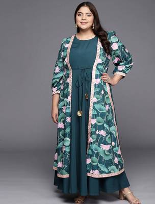 Green printed crepe ethnic dresses 1