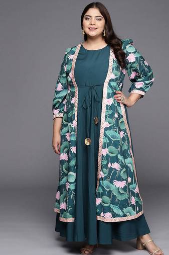 Green printed crepe ethnic dresses