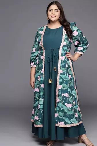 Green printed crepe ethnic dresses
