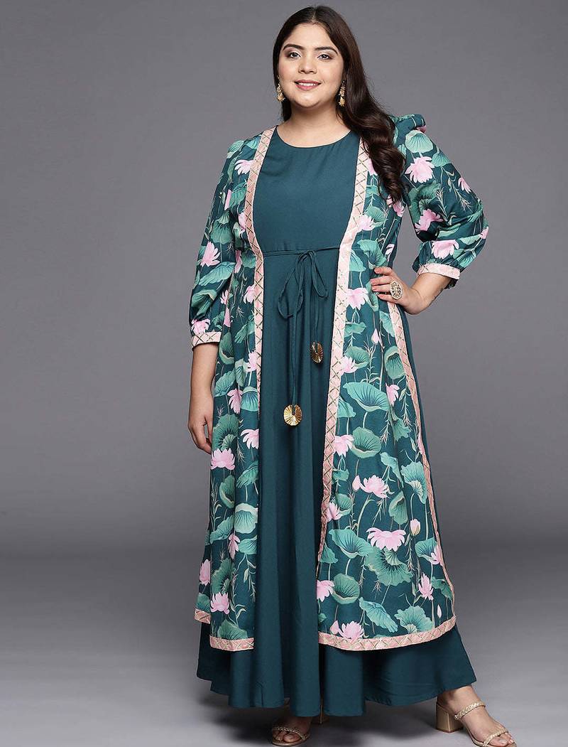 Green printed crepe ethnic dresses