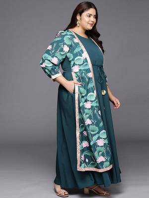 Green printed crepe ethnic dresses 2