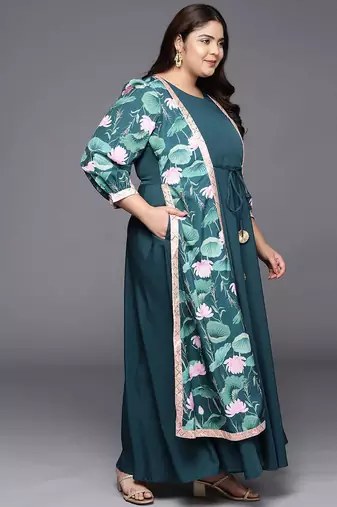Green printed crepe ethnic dresses