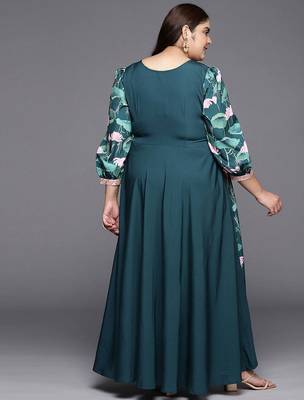 Green printed crepe ethnic dresses 3