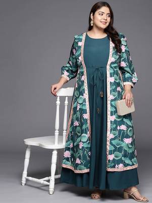 Green printed crepe ethnic dresses 4