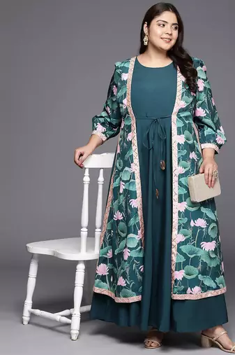 Green printed crepe ethnic dresses