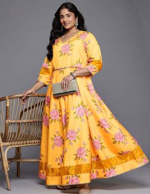 Yellow printed polyester ethnic dresses 2