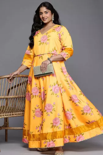 Yellow printed polyester ethnic dresses