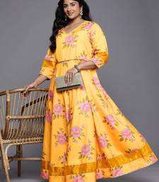 Yellow printed polyester ethnic dresses
