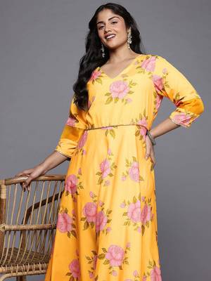 Yellow printed polyester ethnic dresses 4