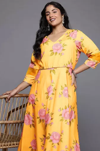 Yellow printed polyester ethnic dresses
