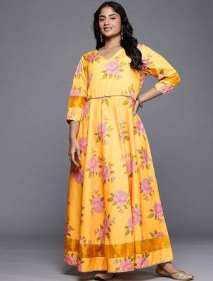 Yellow printed polyester ethnic dresses 1