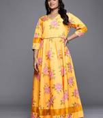 Yellow printed polyester ethnic dresses