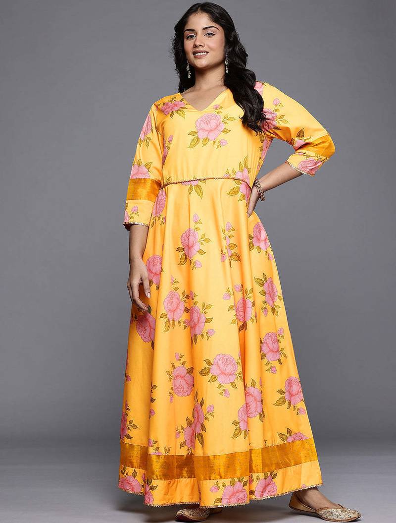 Yellow printed polyester ethnic dresses