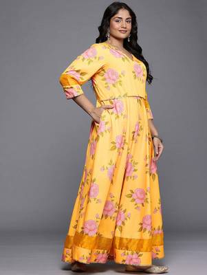 Yellow printed polyester ethnic dresses 5