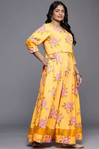 Yellow printed polyester ethnic dresses