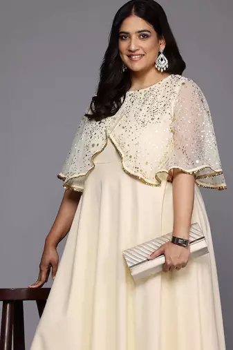 Off white printed crepe ethnic dresses