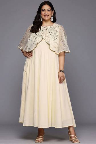 Off white printed crepe ethnic dresses