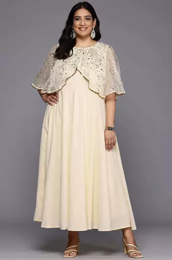 Off white printed crepe ethnic dresses