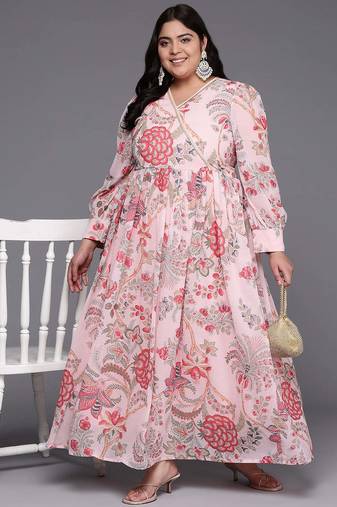 Pink printed georgette ethnic dresses